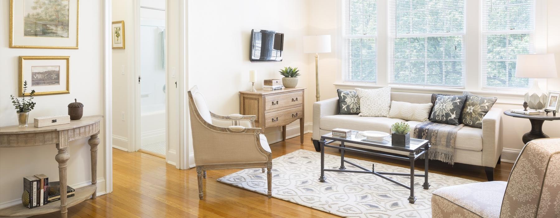 a living room with a wood floor